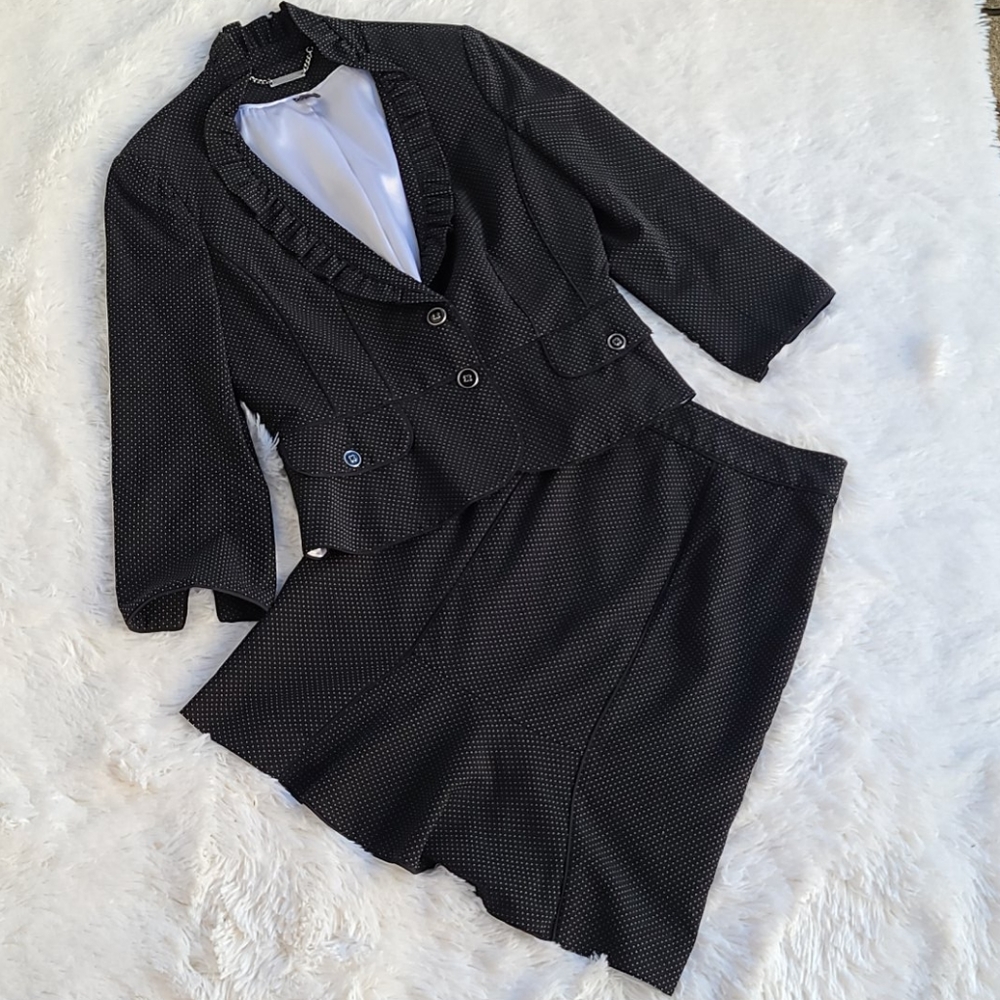 WHBM Black Silver Dot Ruffled Peplum Suit- 8